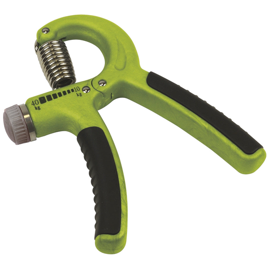 UFE Urban Fitness adjustable spring grip for strength training, showing a compact, black handheld resistance tool.