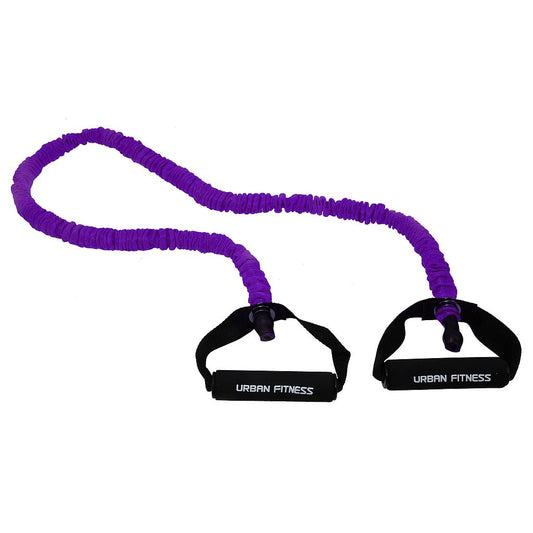 UFE Urban Fitness Safety Resistance Tube in blue with handles, used for strength training and physical exercise.