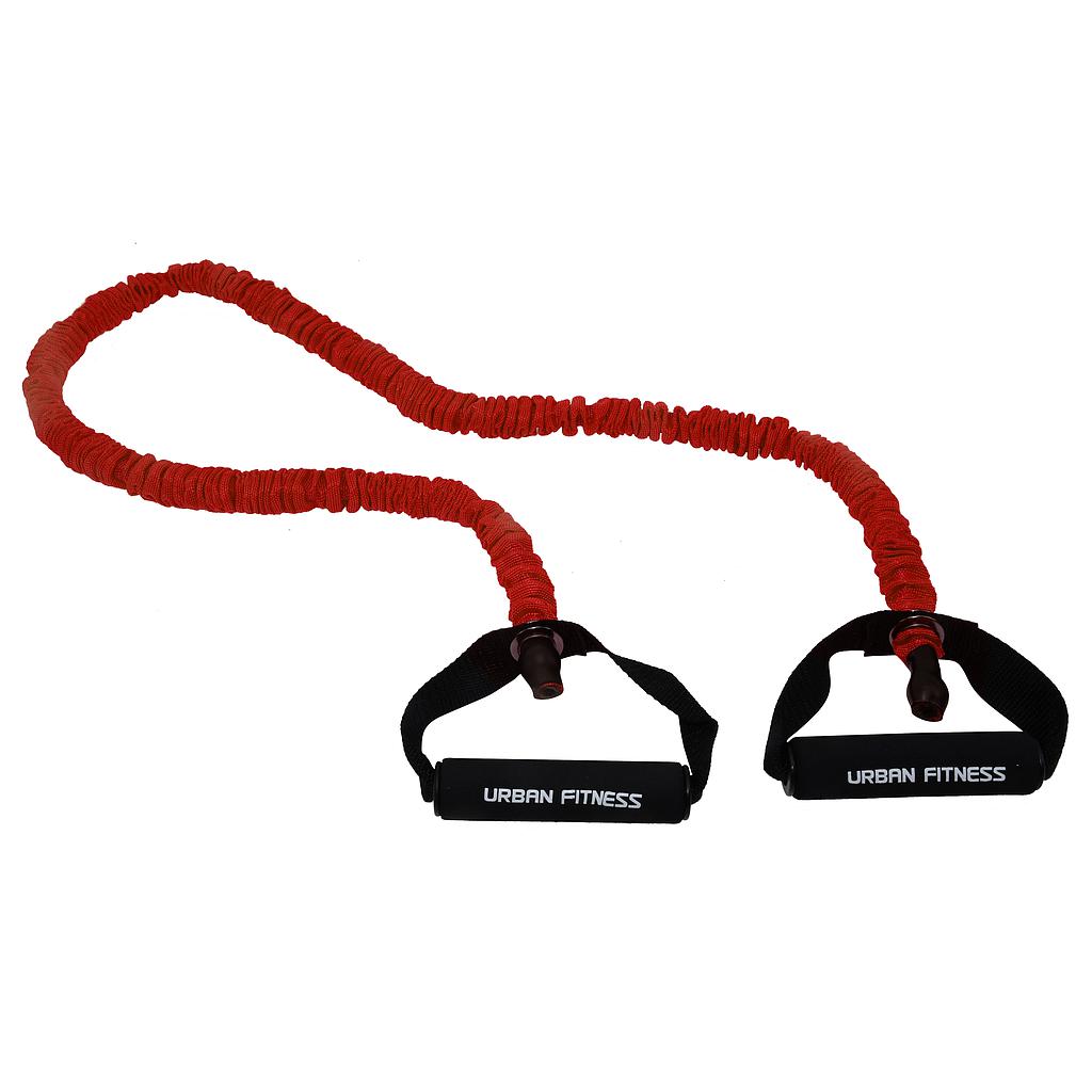 UFE Urban Fitness Safety Resistance Tube in black with handles, made for strength training and fitness exercises.
