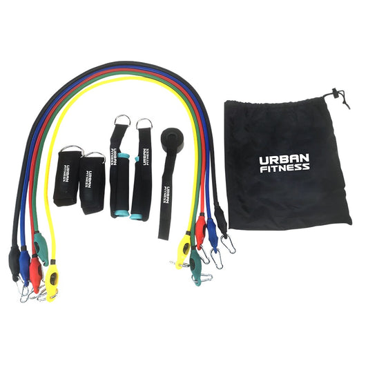 Urban Fitness 11pc Resistance Tube Set with various colored resistance bands for strength training and fitness exercises.