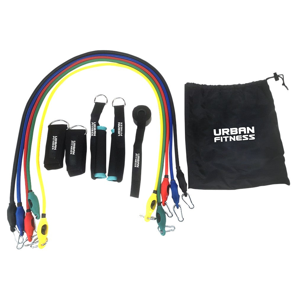 Urban Fitness 11-piece resistance tube set with various colored resistance bands for strength training and exercise routines.