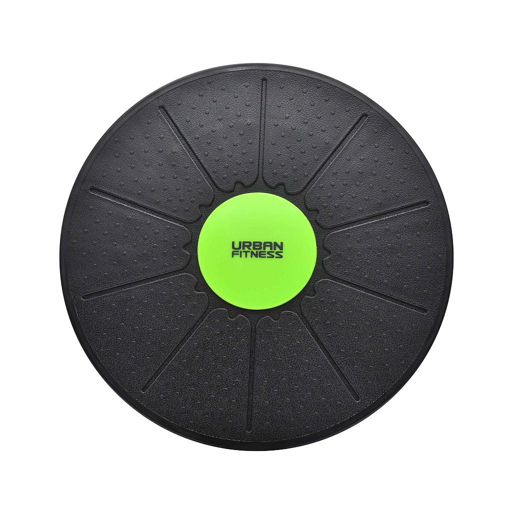 UFE Urban Fitness Wobble Board for balance training and core workouts, shown on a wooden floor with a black circular base.