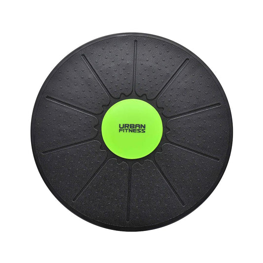 UFE Urban Fitness Wobble Board for balance training and core workouts, shown on a wooden floor with a black circular base.