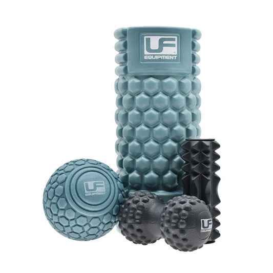 UFE Urban Fitness 4-piece massage set with foam rollers and massage balls for muscle recovery and relaxation.