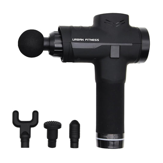 UFE Urban Fitness Massage Gun in black, with ergonomic handle and multiple attachments for muscle relief and recovery.