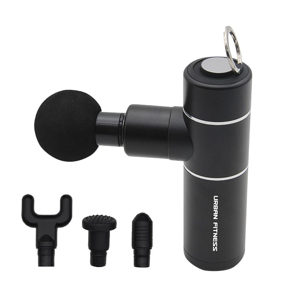 UFE Urban Fitness Mini Massage Gun in black with ergonomic handle, showing attachment head for muscle relief and portability.