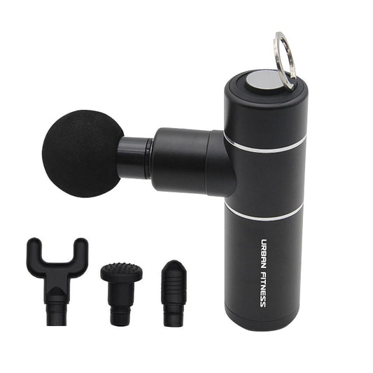 UFE Urban Fitness Mini Massage Gun in black with ergonomic handle, showing attachment head for muscle relief and portability.