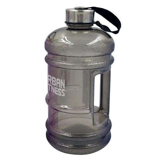 UFE Urban Fitness Quench water bottle 2.2L in black with a wide mouth and carrying handle, ideal for sports and outdoor activities.