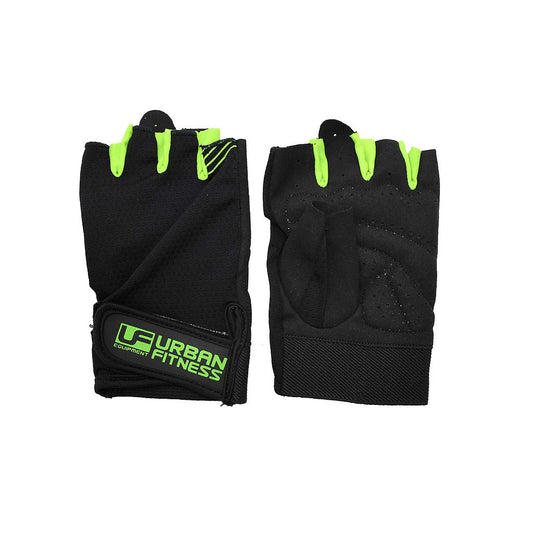 Urban Fitness Training Glove by UFE, close-up of black glove with padded palm and adjustable wrist strap for gym workouts.