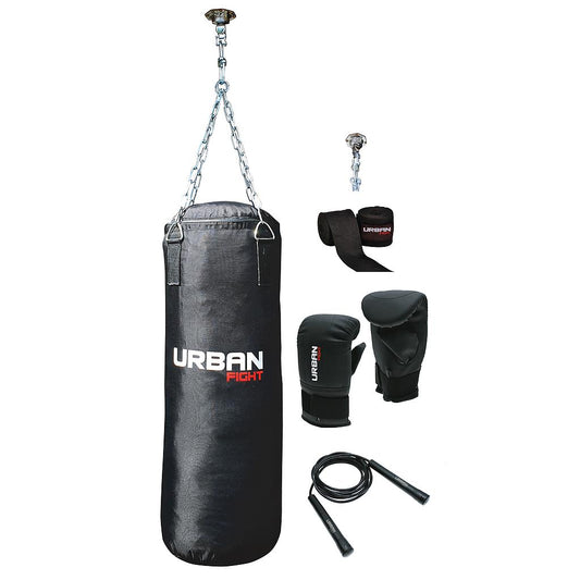 Urban Fight punch bag kit for boxing training, featuring a heavy bag, gloves, and stand for home or gym use.