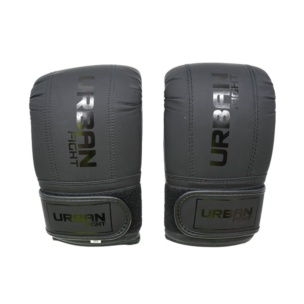 Urban Fight Punch Bag Mitts for boxing training, black and red sporting goods gloves with padded interior for impact protection.