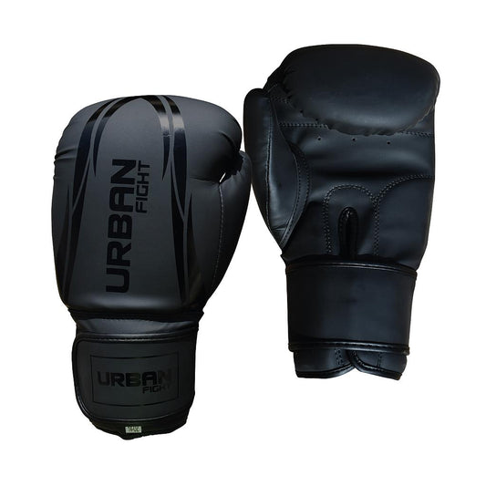 Urban Fight boxing gloves for training, black and red, with padded palms and adjustable wrist straps, designed for combat sports.