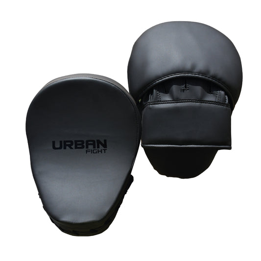 Urban Fight Focus Mitts V2 for boxing training, black and red padded focus mitts with branding logo, used in martial arts workouts.