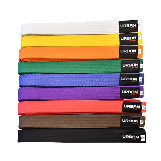 Urban Fight martial arts belt in black with embroidered logo, showcasing durable sports belt for martial arts training and competitions.