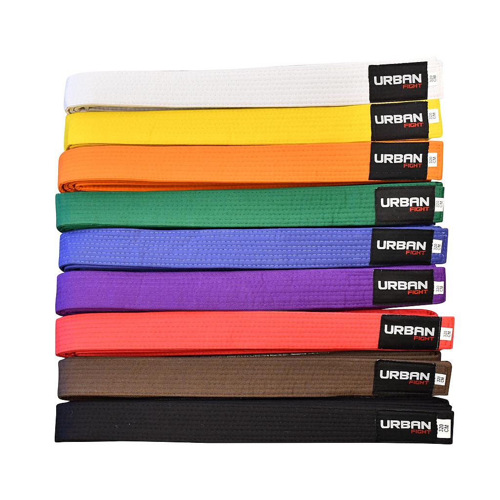Urban Fight Martial Arts Belt in black, made of durable fabric, showing detailed stitching and branding for martial arts training.