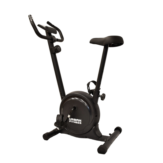 Urban Fitness magnetic exercise bike by UFE, showing the bike with adjustable seat and handlebars in a sporting goods setting.