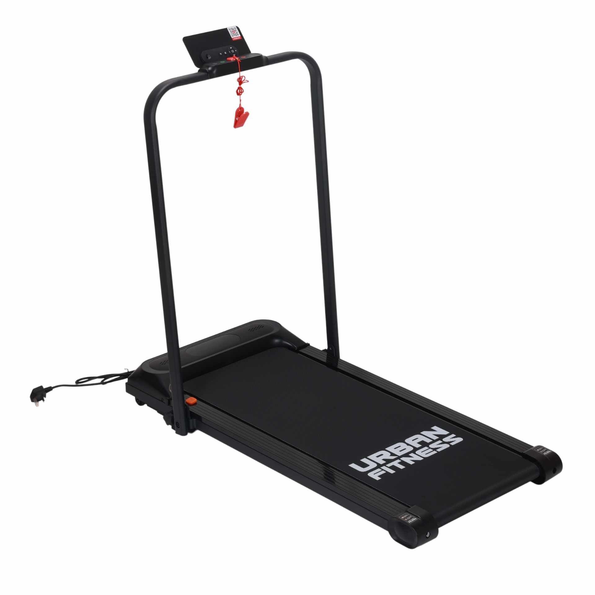 Urban Fitness Walking Treadmill by UFE, black with digital display and handrails, suitable for home fitness walking routines.