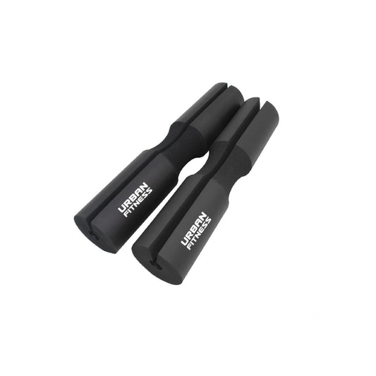UFE Urban Fitness barbell squat pad wrapped around a metal bar for comfortable weightlifting in sporting goods setting