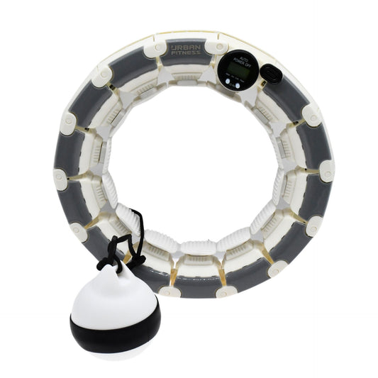 Urban Fitness Smart Weighted Fitness Hoop by UFE, showing a close-up of the blue and black adjustable weighted fitness hoop for exercise.