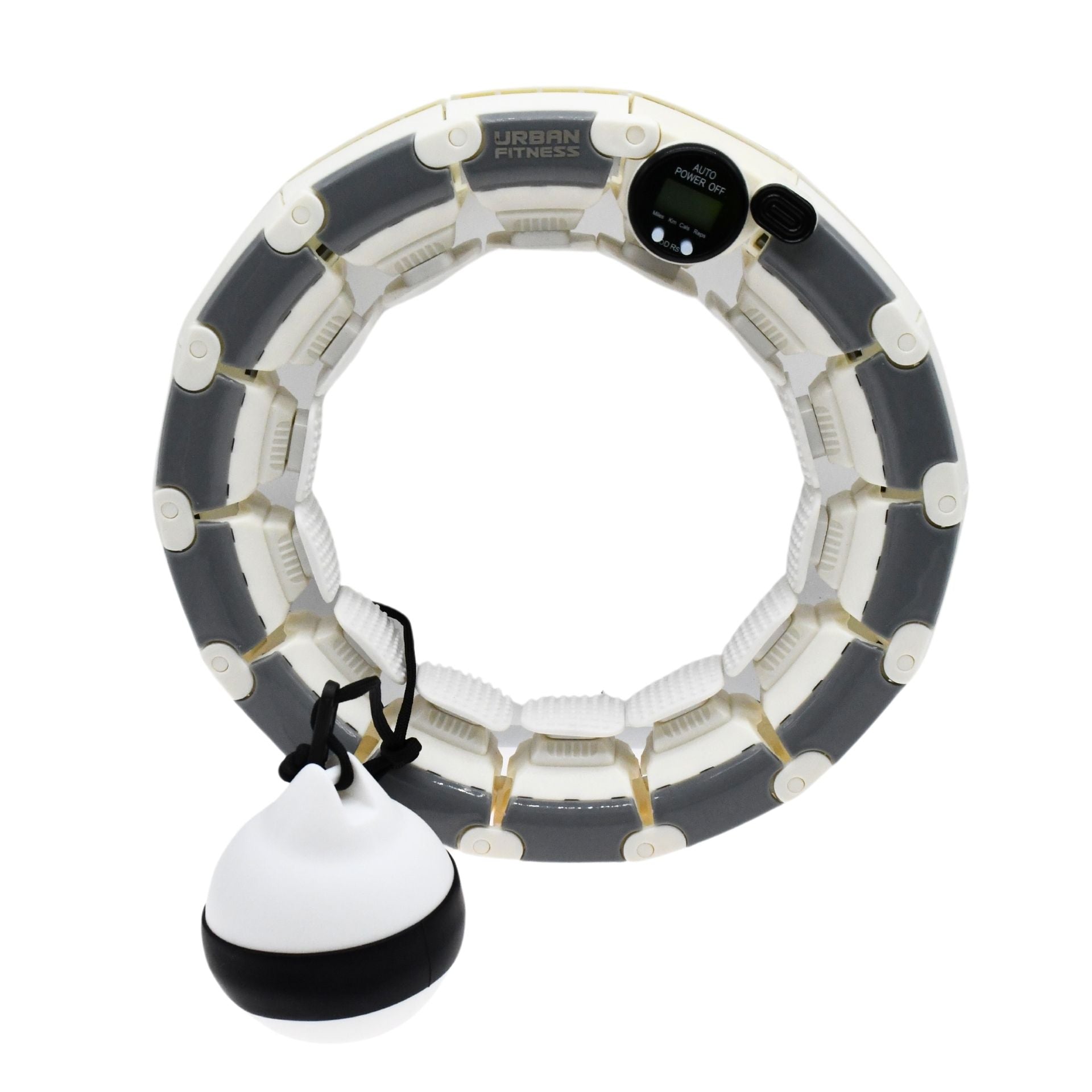 Urban Fitness Smart Weighted Fitness Hoop from UFE, showing the colorful adjustable weighted hula hoop for exercise and fitness.