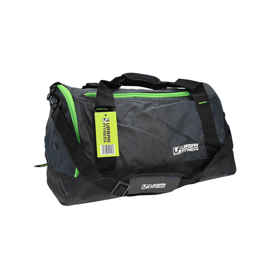 UFE Urban Fitness small holdall gym bag with black fabric, side zipper pocket, adjustable shoulder strap, and top carrying handles.