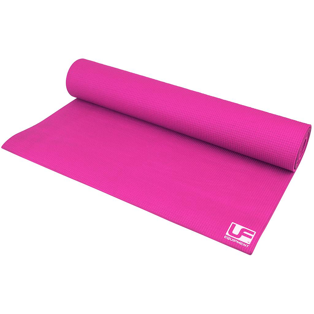 UFE Urban Fitness 4mm yoga mat with textured surface, rolled out on a wooden floor for yoga or fitness exercises.