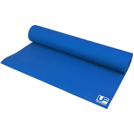 UFE Urban Fitness 4mm yoga mat with textured surface, rolled out on a wooden floor, suitable for yoga and exercise routines.
