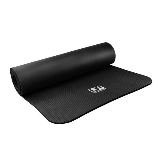 Urban Fitness 10mm NBR fitness mat, black and textured, suitable for yoga, stretching, and workouts, branded UFE sporting goods.