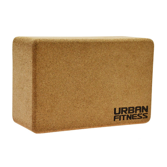 Urban Fitness cork yoga brick for enhanced support during yoga practice, made from natural cork material.