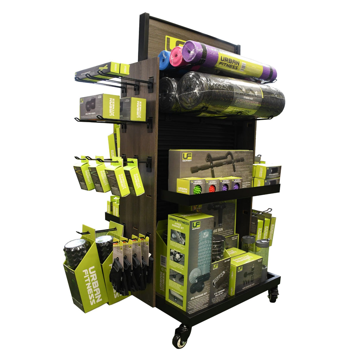UFE Urban Fitness FSDU display stand for sporting goods, showing multiple shelves for product showcasing.