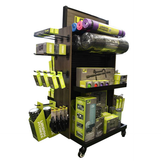 UFE Urban Fitness FSDU display stand for sporting goods, showing multiple shelves for product showcasing.