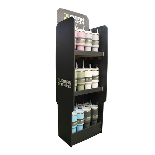 Urban Fitness cardboard display stand for VitalSip bottles, showcasing sporting goods product organization and retail presentation.
