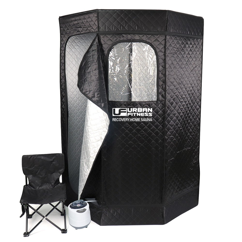 UFE Urban Fitness Recovery Home Sauna in a modern interior, showcasing a compact wooden sauna with glass door for relaxation and therapy.