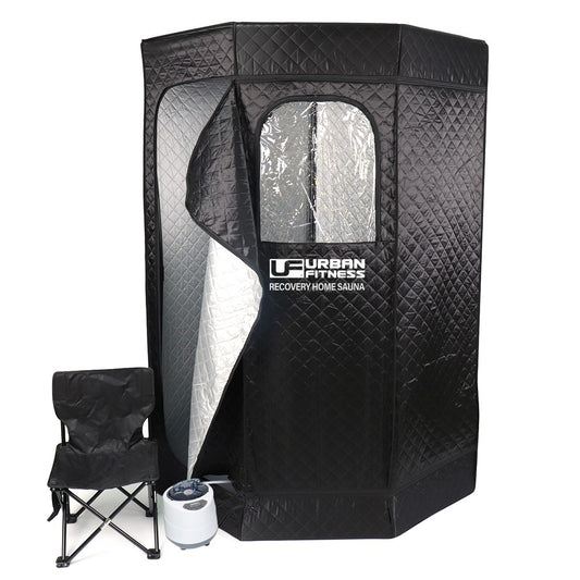 UFE Urban Fitness Recovery Home Sauna in a modern interior, showcasing a compact wooden sauna with glass door for relaxation and therapy.