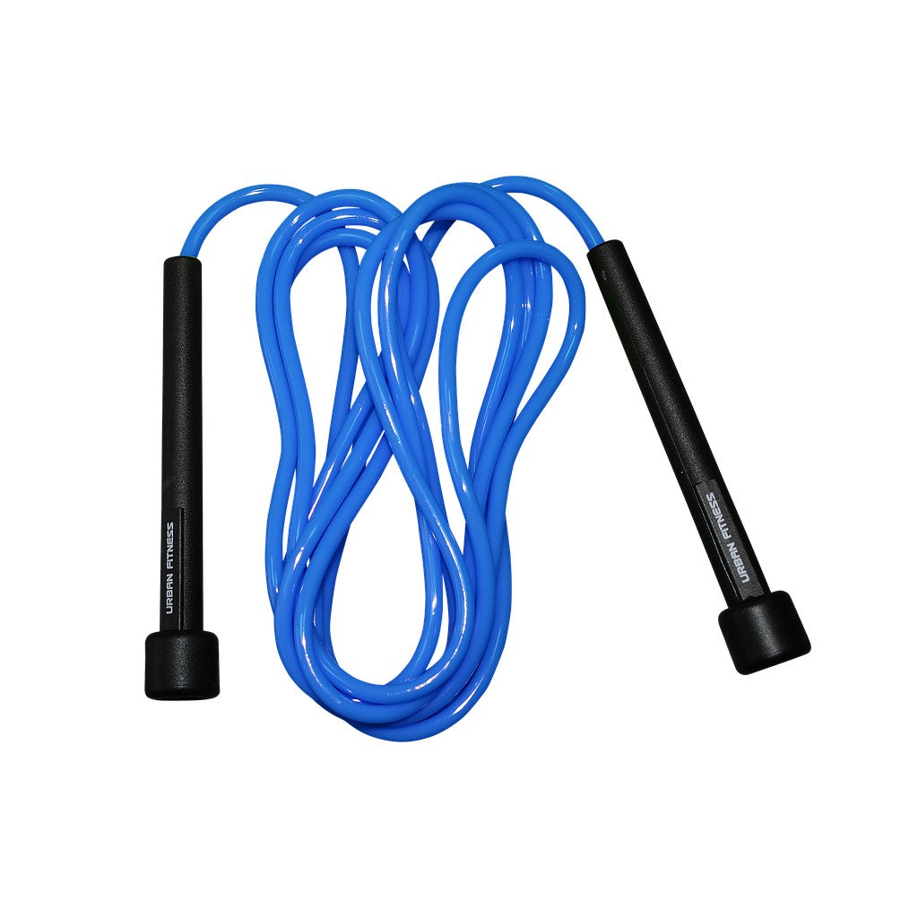 Urban Fitness Speed Rope from UFE with black handles and bright red cable, ideal for cardio and agility training.