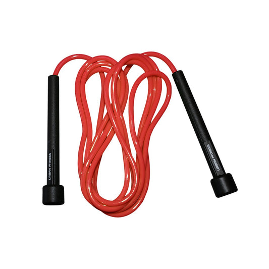 Urban Fitness Speed Rope from UFE with black handles and red cable for cardio workouts and speed training.