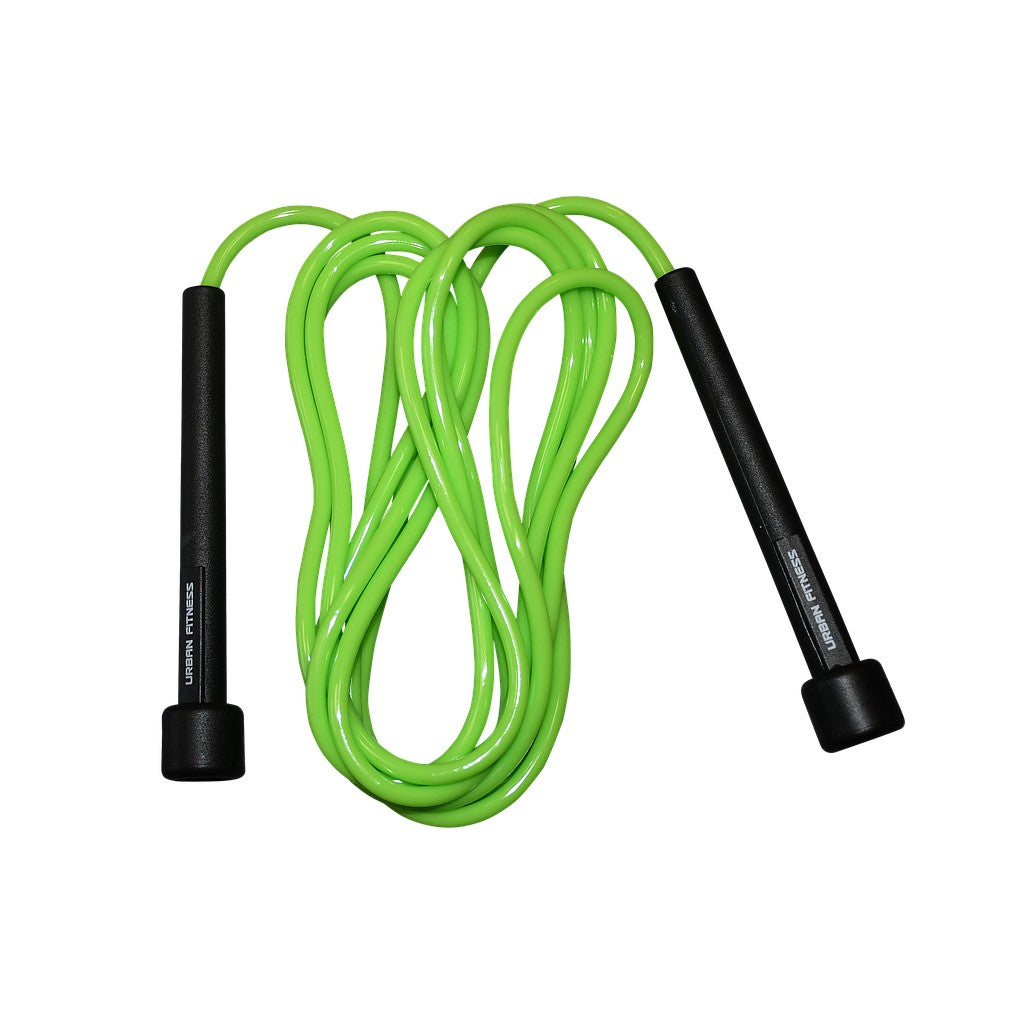 Urban Fitness speed rope with black handles and red braided cable for cardio workouts and agility training.