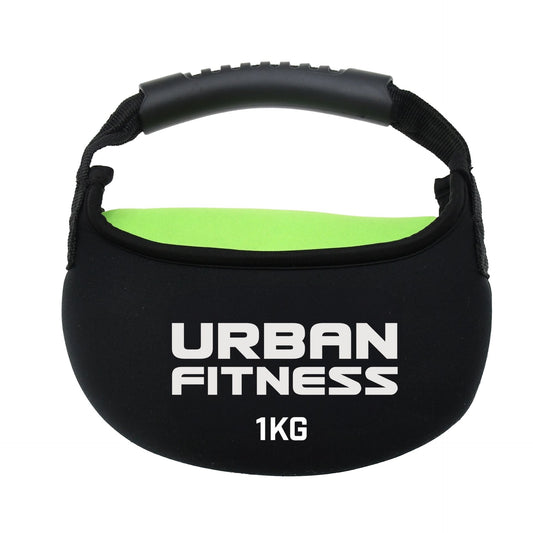 UFE Urban Fitness fabric kettlebell in black and gray, lightweight sporting goods for strength training and workouts.