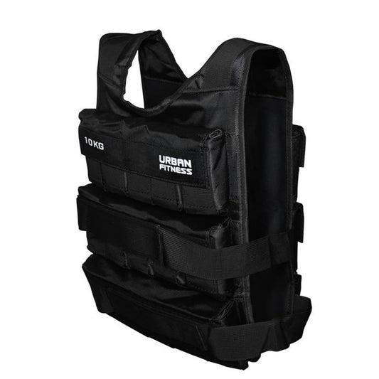 Urban Fitness adjustable weighted vest for sports, featuring padded straps and multiple weight compartments for workout versatility.