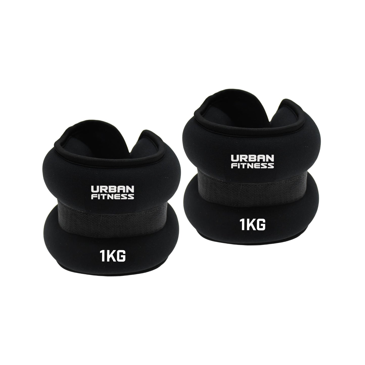 UFE Urban Fitness neoprene ankle and wrist weights in black with adjustable straps for strength training and exercise.