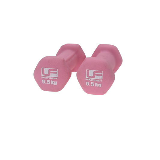 Pair of UFE urban fitness hex dumbbells with neoprene coating, shown in black, ideal for strength training and workouts