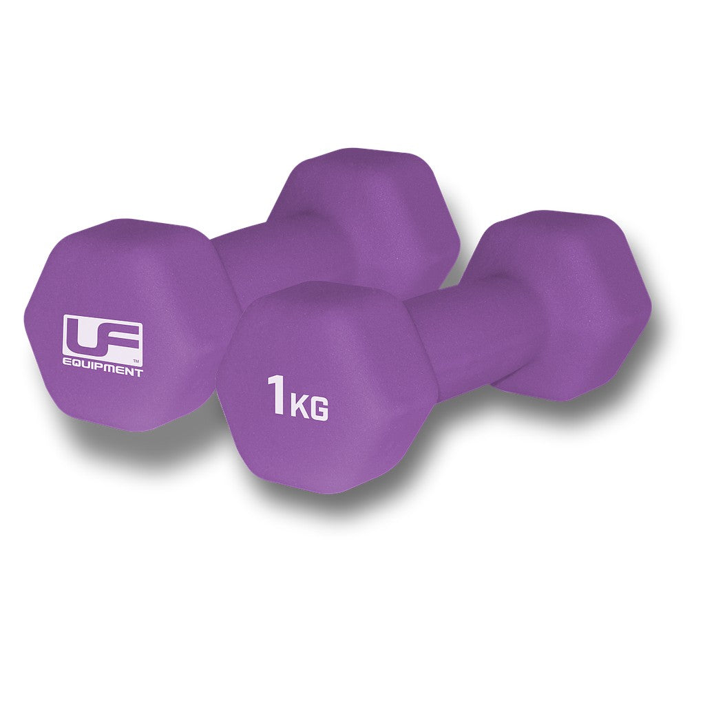 Pair of UFE Urban Fitness hex dumbbells with black neoprene coating, featuring hex-shaped heads for gym strength training.