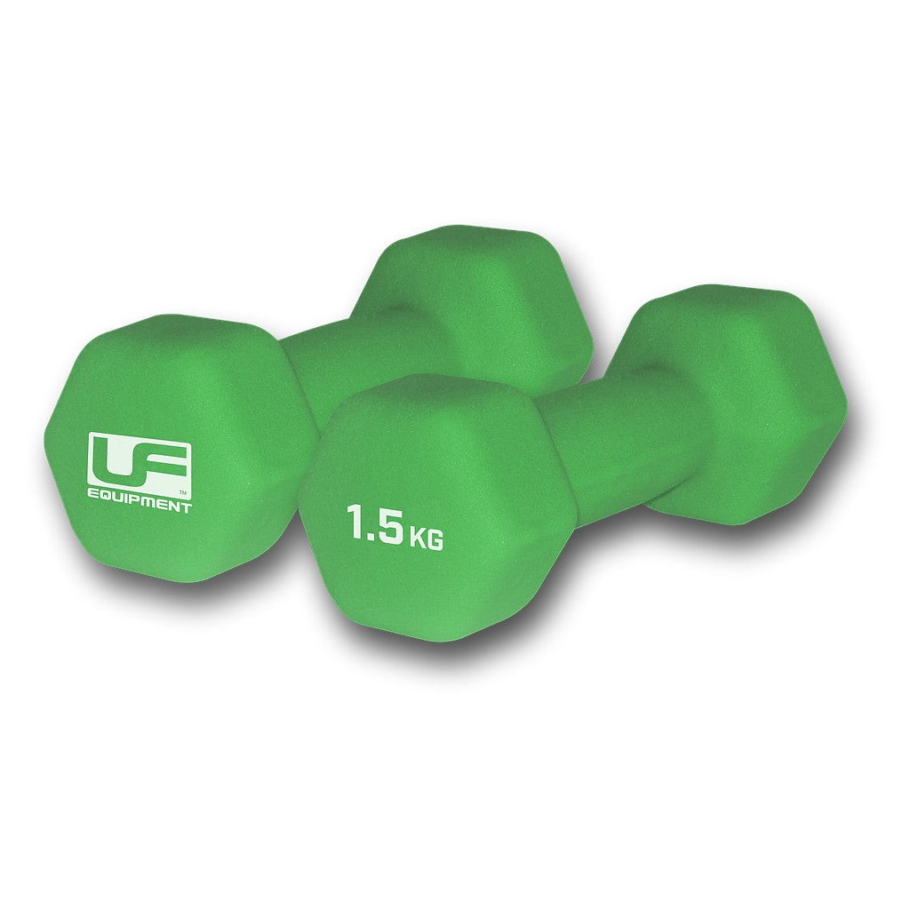 Pair of UFE Urban Fitness hex neoprene dumbbells for strength training, with black and yellow handles on a white background.