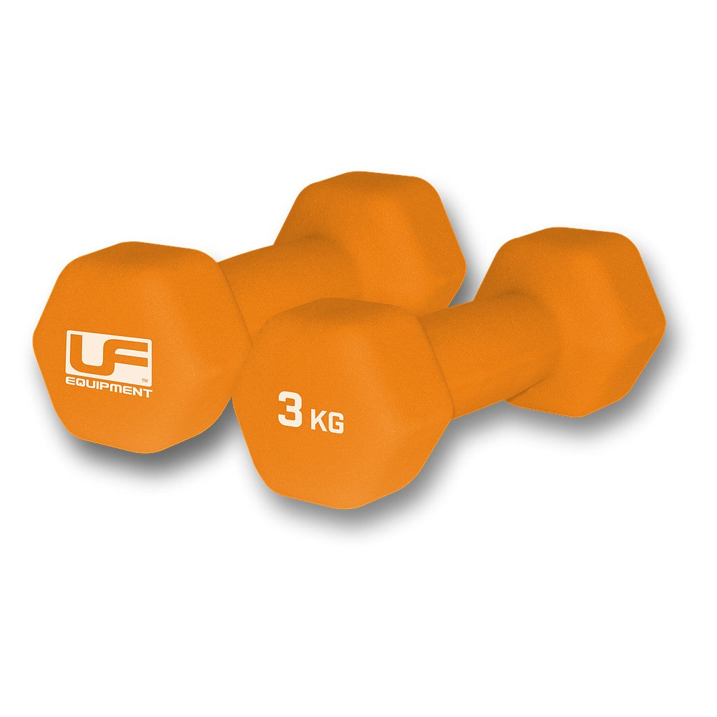Pair of UFE Urban Fitness hex neoprene dumbbells, black with colorful weight markings, suitable for strength training exercises.