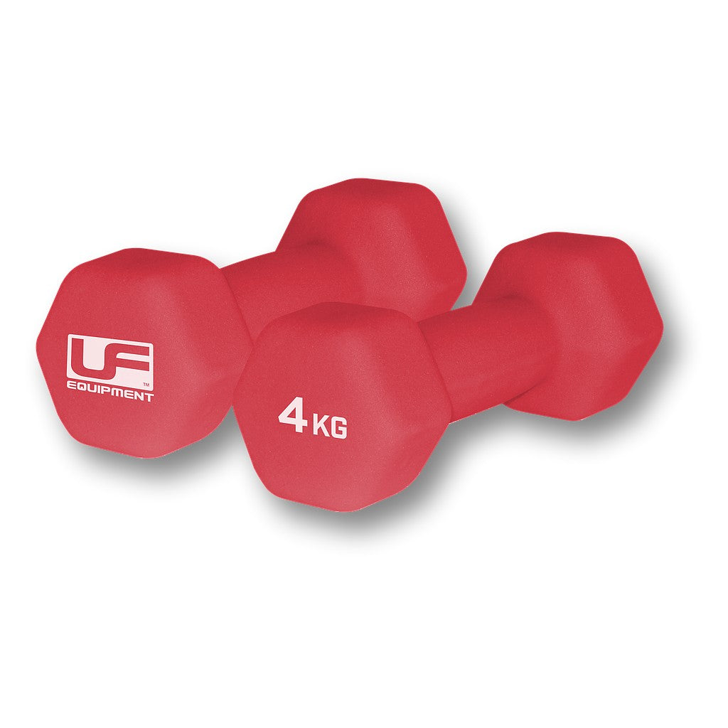 Pair of UFE Urban Fitness neoprene hex dumbbells in black with colorful handles, ideal for strength training and fitness workouts.
