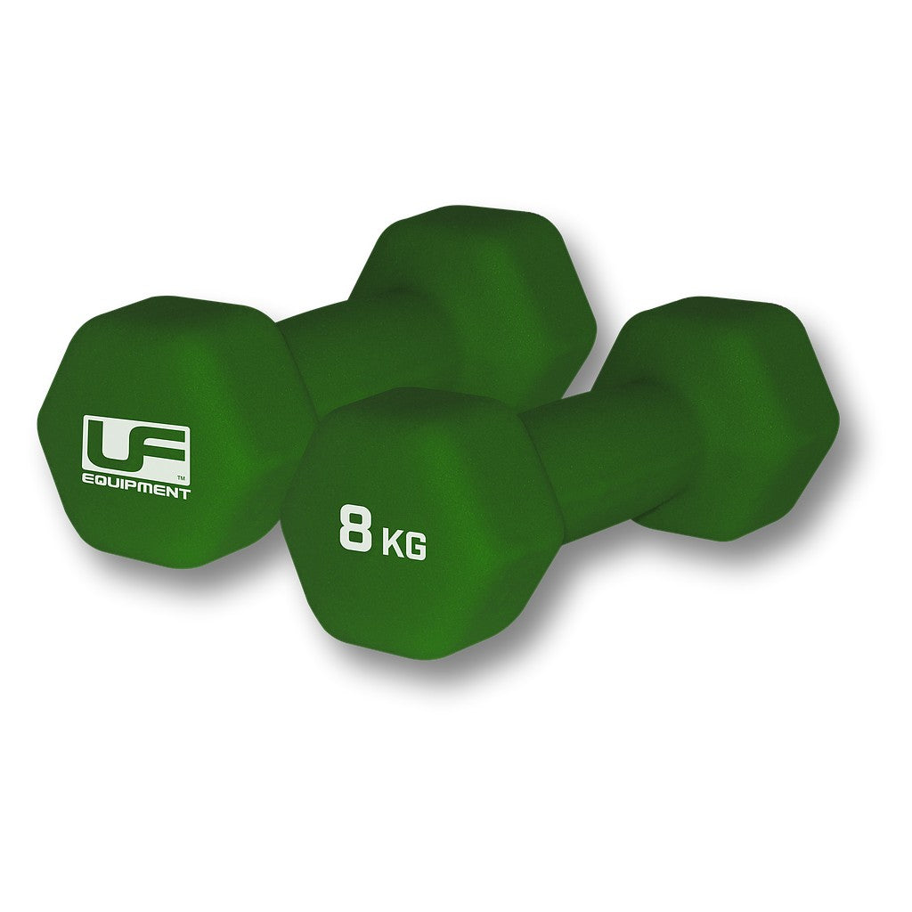 Pair of UFE Urban Fitness hex dumbbells with neoprene coating, ideal for strength training and exercise workouts.