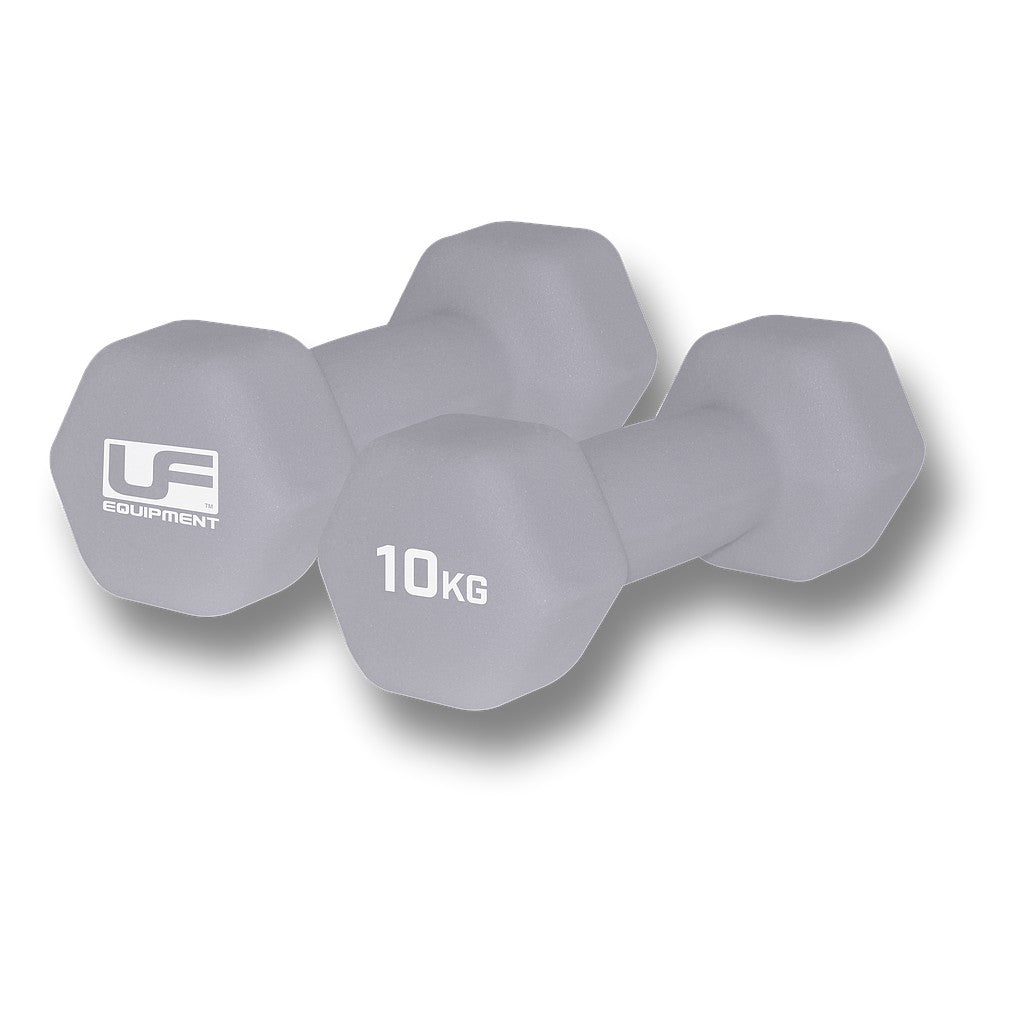 Pair of UFE Urban Fitness neoprene-covered hex dumbbells for strength training and workout exercises.