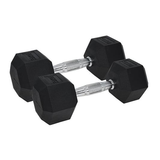 Pair of UFE Urban Fitness PRO hex rubber-coated dumbbells for strength training and weightlifting exercises.