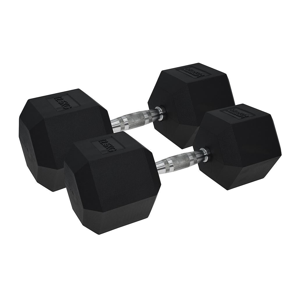 Pair of Urban Fitness PRO rubber-coated hex dumbbells with black handles, ideal for strength training and fitness workouts.