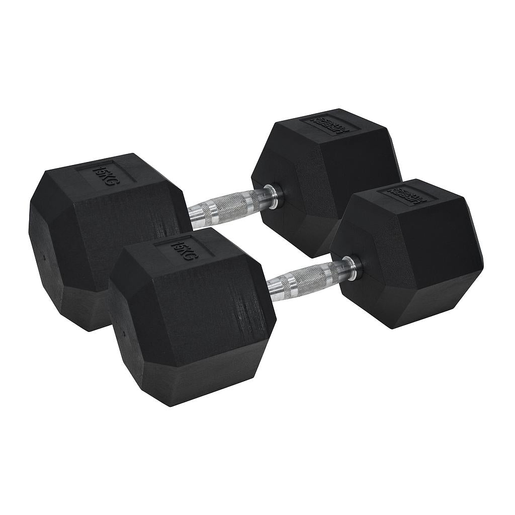 Pair of UFE Urban Fitness PRO Hex Dumbbells with rubber coating, showing their black hex-shaped heads and ergonomic handles.